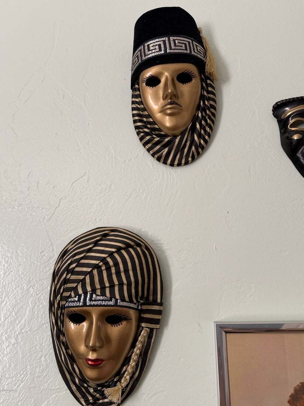 Set of 2 Egyptian-Style Venetian Carnival Wall Masks with Fabric Detailing